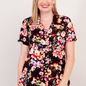 Blue Sky Black and Pink Floral Button Down Shirt Size 1X Samantha Risolo